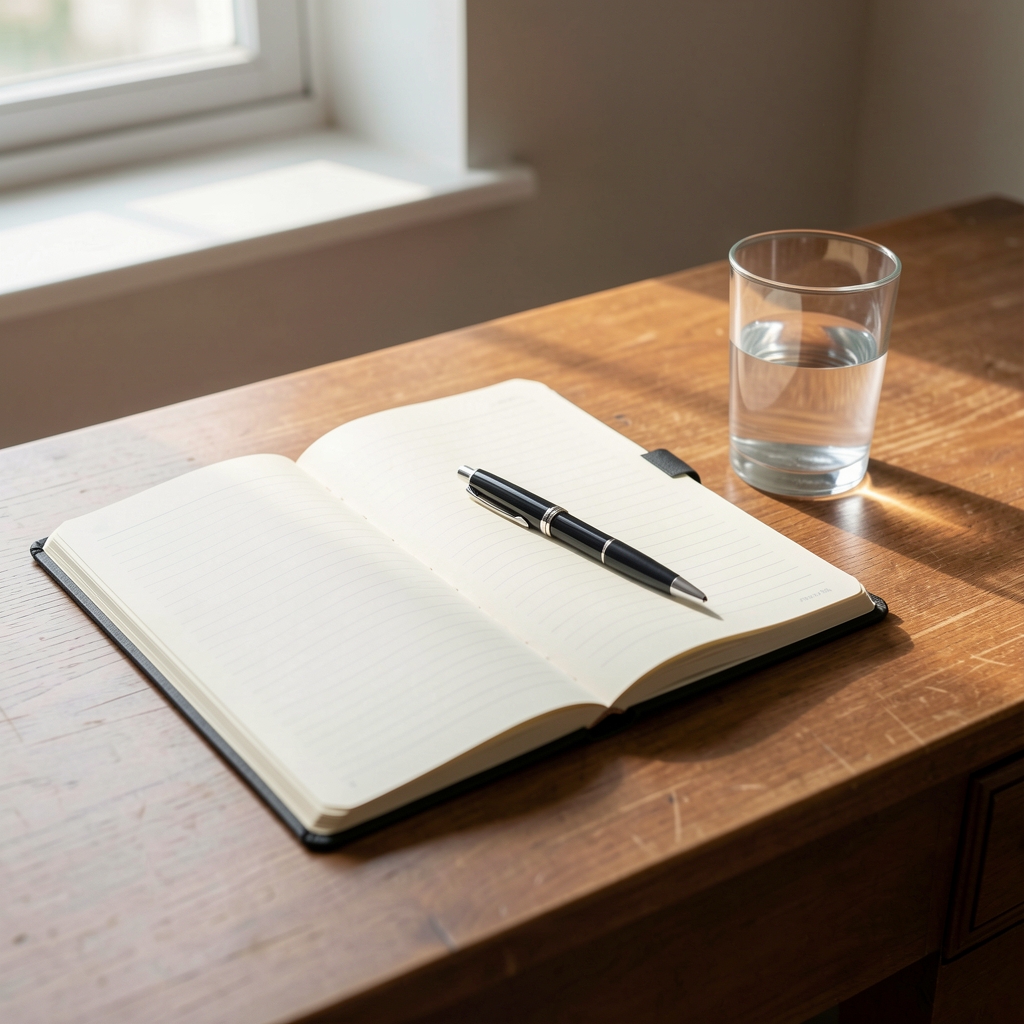Writing desk with open notebook, pen, and a glass of water in morning natural light