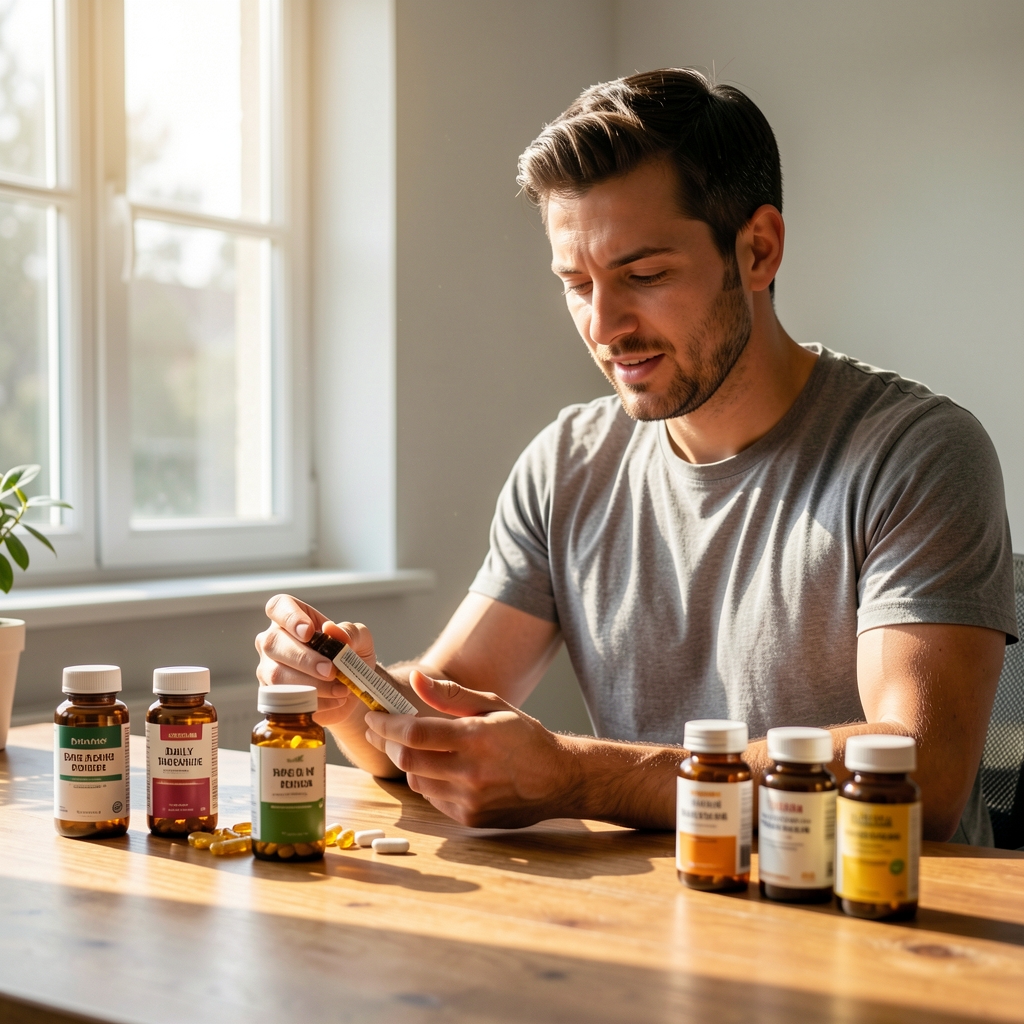 Man reviewing a daily supplement routine, vitamin bottles arranged on a wooden desk with morning light streaming through a window