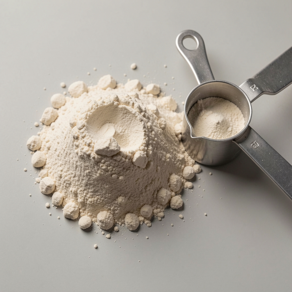 Close-up of creatine powder and a measuring scoop on a neutral background, editorial overhead composition