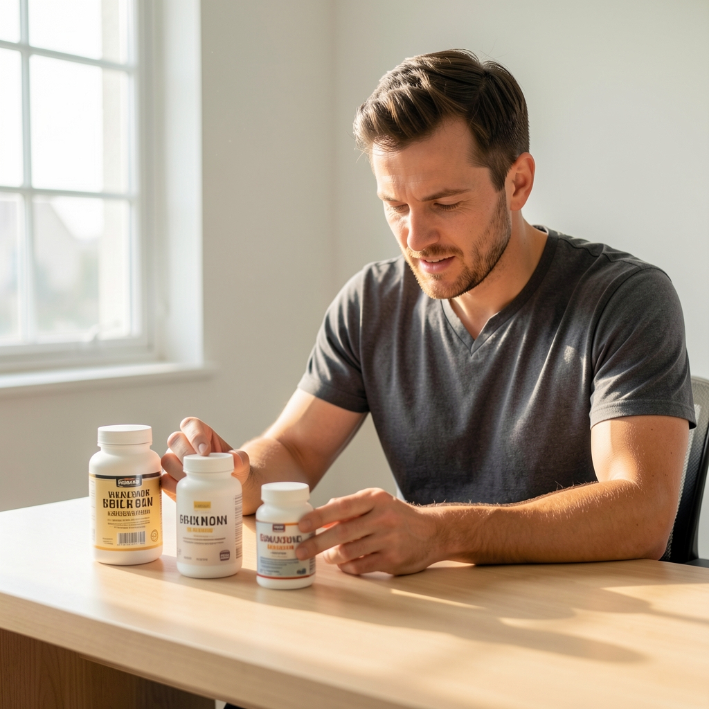 Active man reviewing supplement containers on a clean wooden desk, editorial morning light, minimal composition